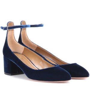 Aquazzura Alix 50 Prussian Blue Velvet Mary Jane Pumps / Court Heels